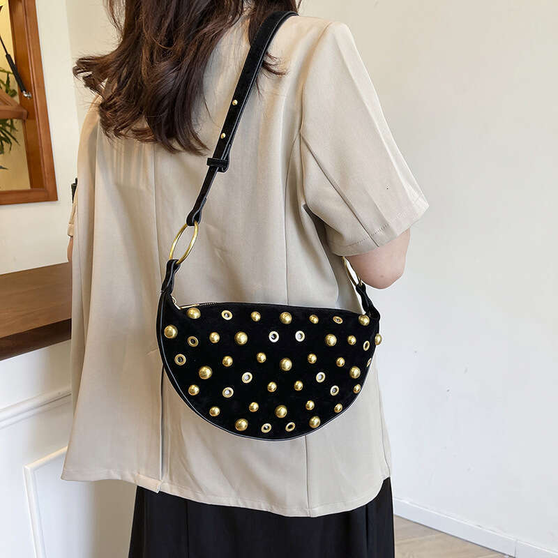 Fashion Womens Casual Bag Studded Heavy-duty Polka Dot Hollow Shoulder Bag Punk Style Crossbody Bag Metallic Crescent Women's Bag