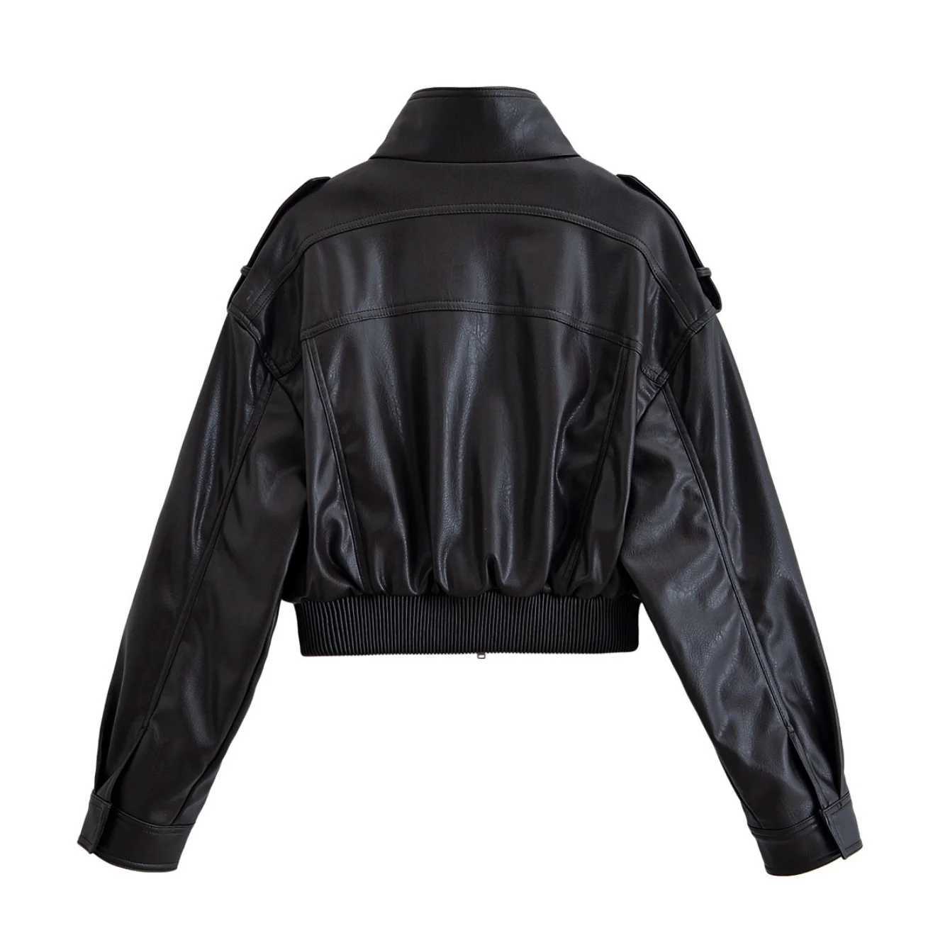 Women Autumn Winter Vintage Faux Leather Jackets Coat Pockets Loose Stand Collar Long Sleeve Zipper Coat Lady Chic JacketT251017