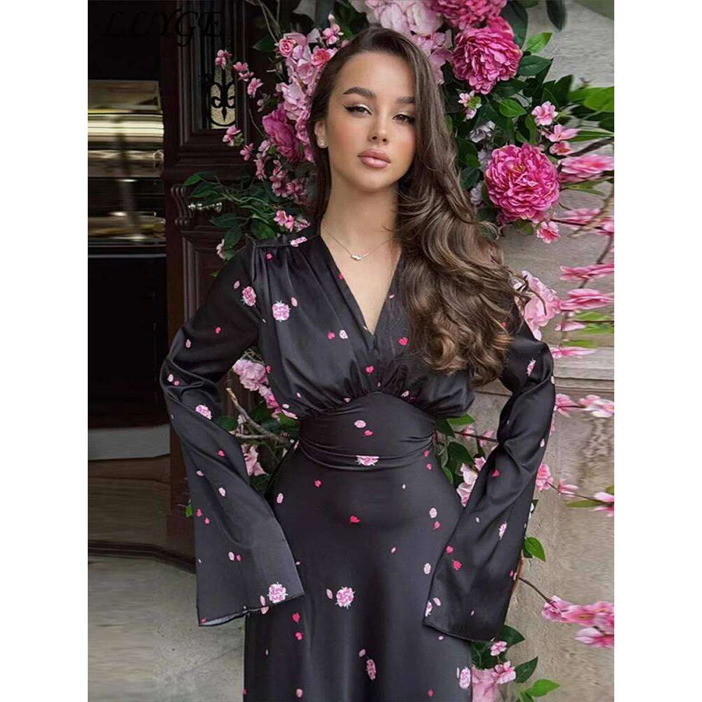 Elegant Printed Satin Long Dress Women Slim Lace Up V-neck Full Sleeve Pleat Dresses 2025 Autumn Lady Party Evening Robes New