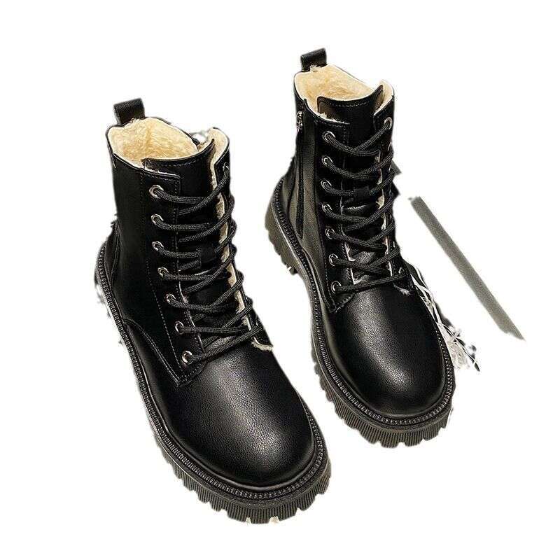 Women's Shoes Martins Single Lined Veet Warm Thick Bottom Lace-Up Black Classic Short Boots