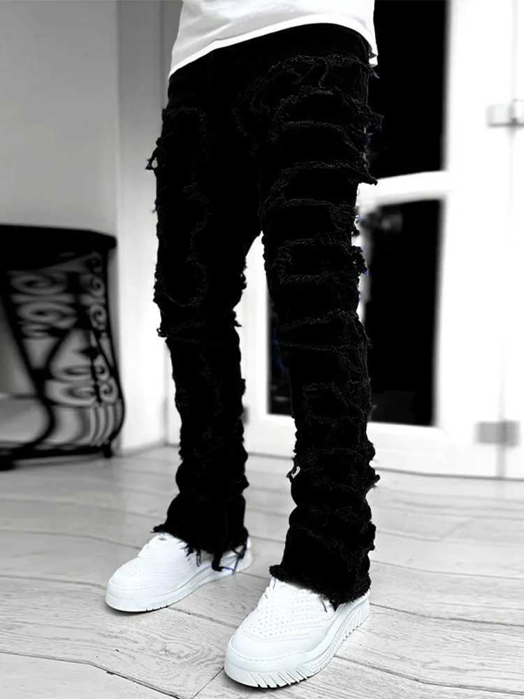 Y2K Mens Old Ripped Jeans Slim Fit PaTCh StreTCh Blue Black Pencil Denim Pants 2025 Autumn Harajuku Streetwear Y251105