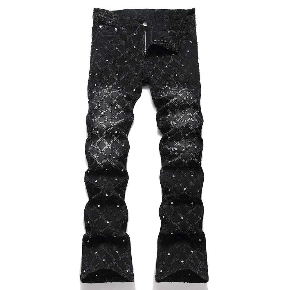 Mens Crystal Boot Cut Jeans Punk Black Stretch Denim Pants Rivet Slim Flared Trousers Fashionable Bootcut Trousers Y251105