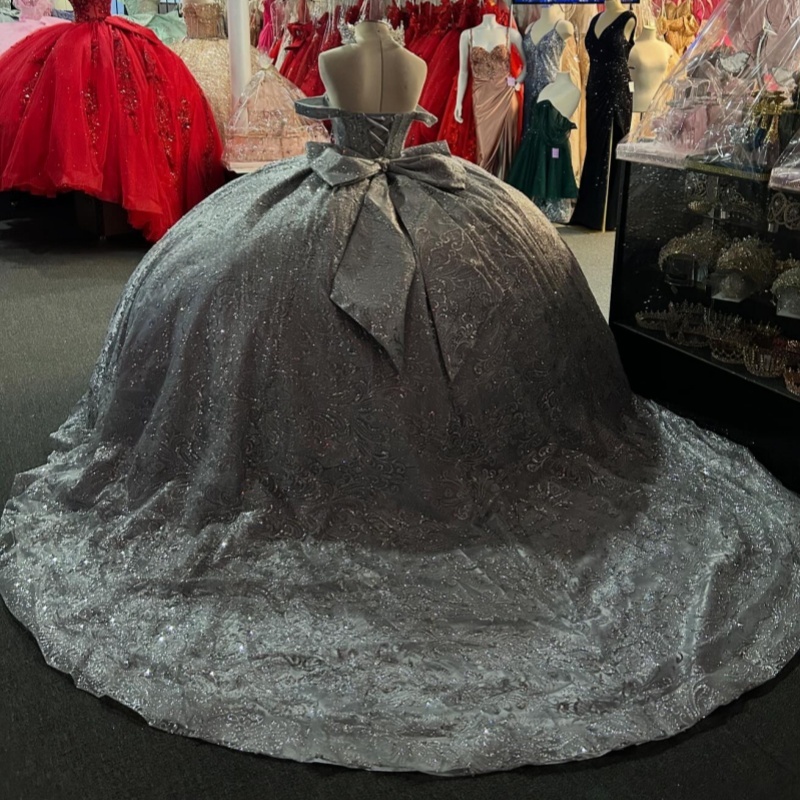 Silvery Shiny Quinceanera Dresses Off The Shoulder Sequin Applique Lace Beading Crystal Bow Tull Corset Party Birthday Sweet 16 Dres Vestidos 15 De An