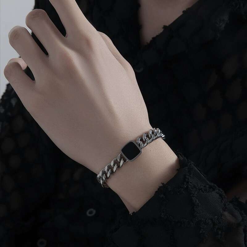 Hip-Hop Trendy Black Square Cuban Bracelet for Men, Niche High-End Feel, Versatile Non-Fading Jewelry, Couple Accessories Trend