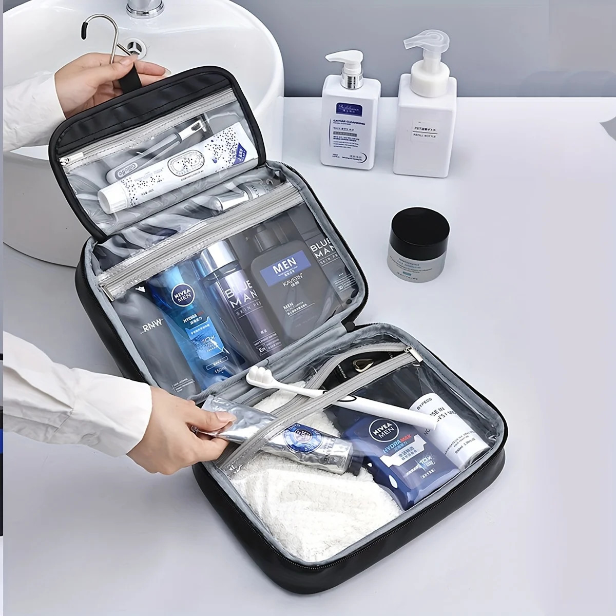 Men Vintage PU Toiletry Bag Travel Necessary Business Cosmetic Makeup Cases Male Hanging Storage Organizer Wash Bags251011