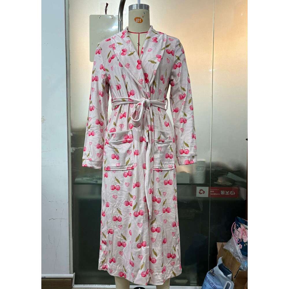 Fruit Print Autumn Winter New Thickened Lace-Up Nightgown Bathrobe Long Sleeve Loungewear B5
