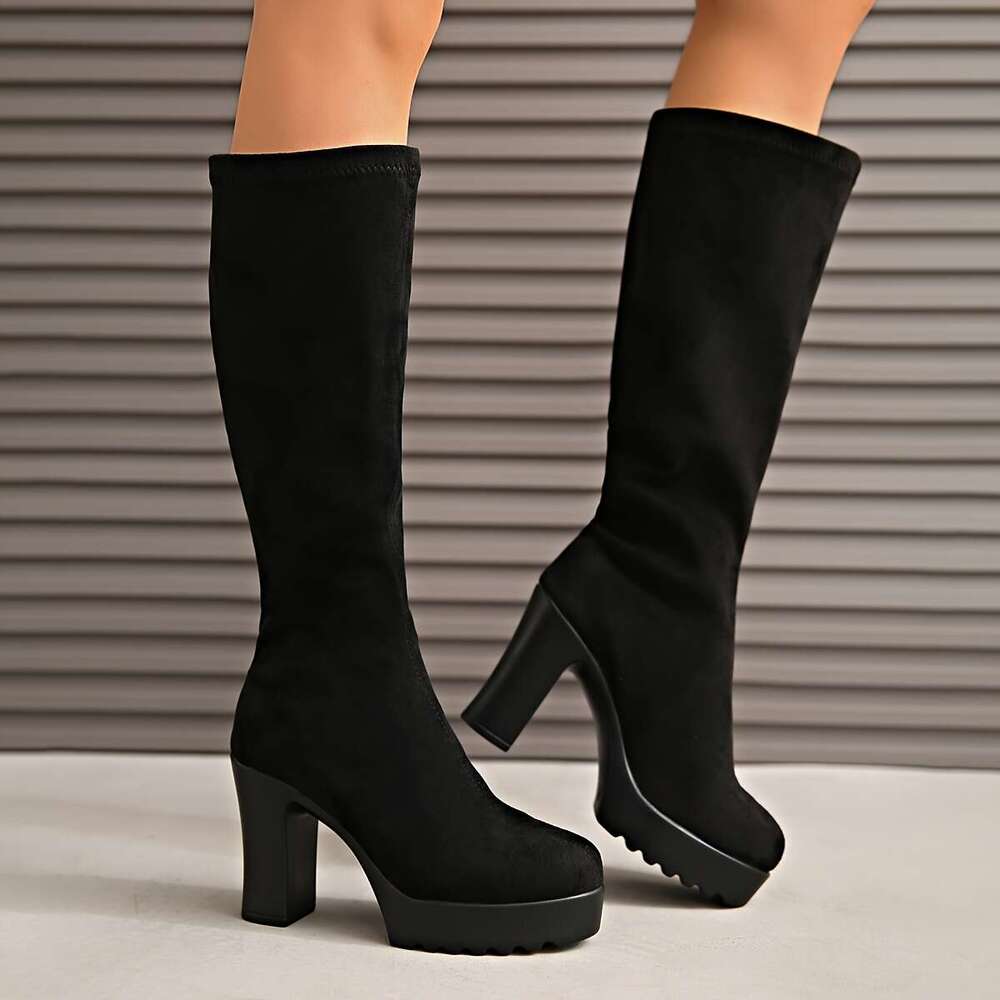 Women's Ultra-High Chunky Knee-High - Slip-On Elastic Ankle Boots With Round Toe Thick Platform Sole, Soft Fleece-Like Upper All-Season Comfort, 