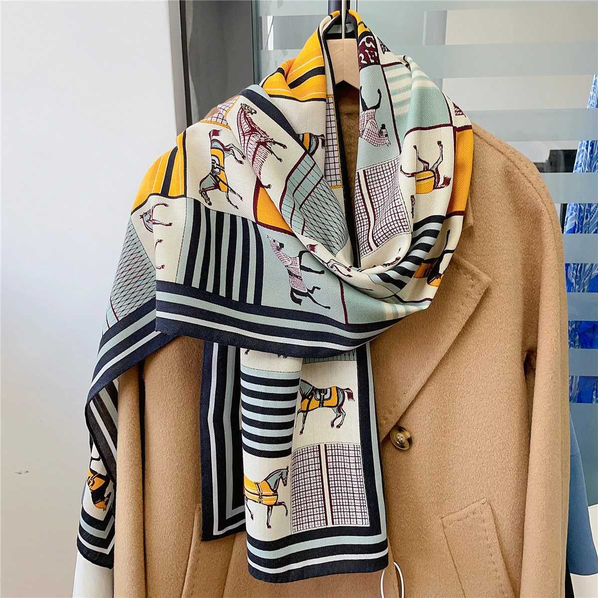 160x33CM Luxury Winter Silk Cashmere Scarf Women Plaid Horses Manual Hand Rolled Shawls Warm Long Scarves Wraps Bandana C251017