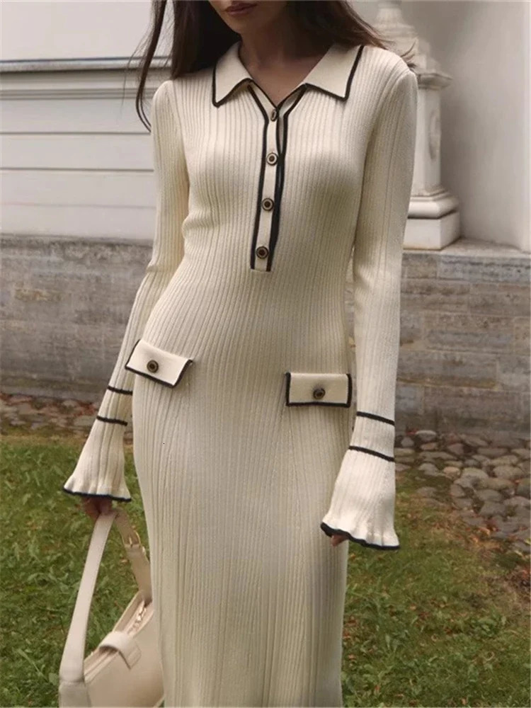 REALEFT Autumn Winter Elegant Knitted Long Ruffles Dressres 2025 High Waist Buttons Turndown Collar Sweater Dresses Female 251017