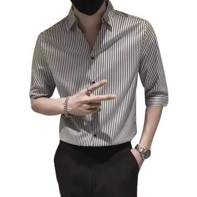 Premium Feel Vertical Stripes Mens Loose Fit SevenQuarter Sve Ice Silk irt Casual Sle Turndown Collar Open Cardigan J251017