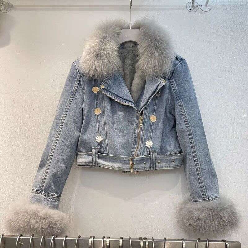 hoodie Women's Detachable Faux Fox Fur Lined Denim Jacket Short Parka Coat Winter Warm Outerwear Casual Streetwear jacket