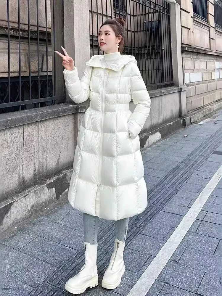 Womens Slim Waisted Hooded Puffer Jacket White Duck Down Medium Length Thick Warm Fashion Winter New 2024 W251016