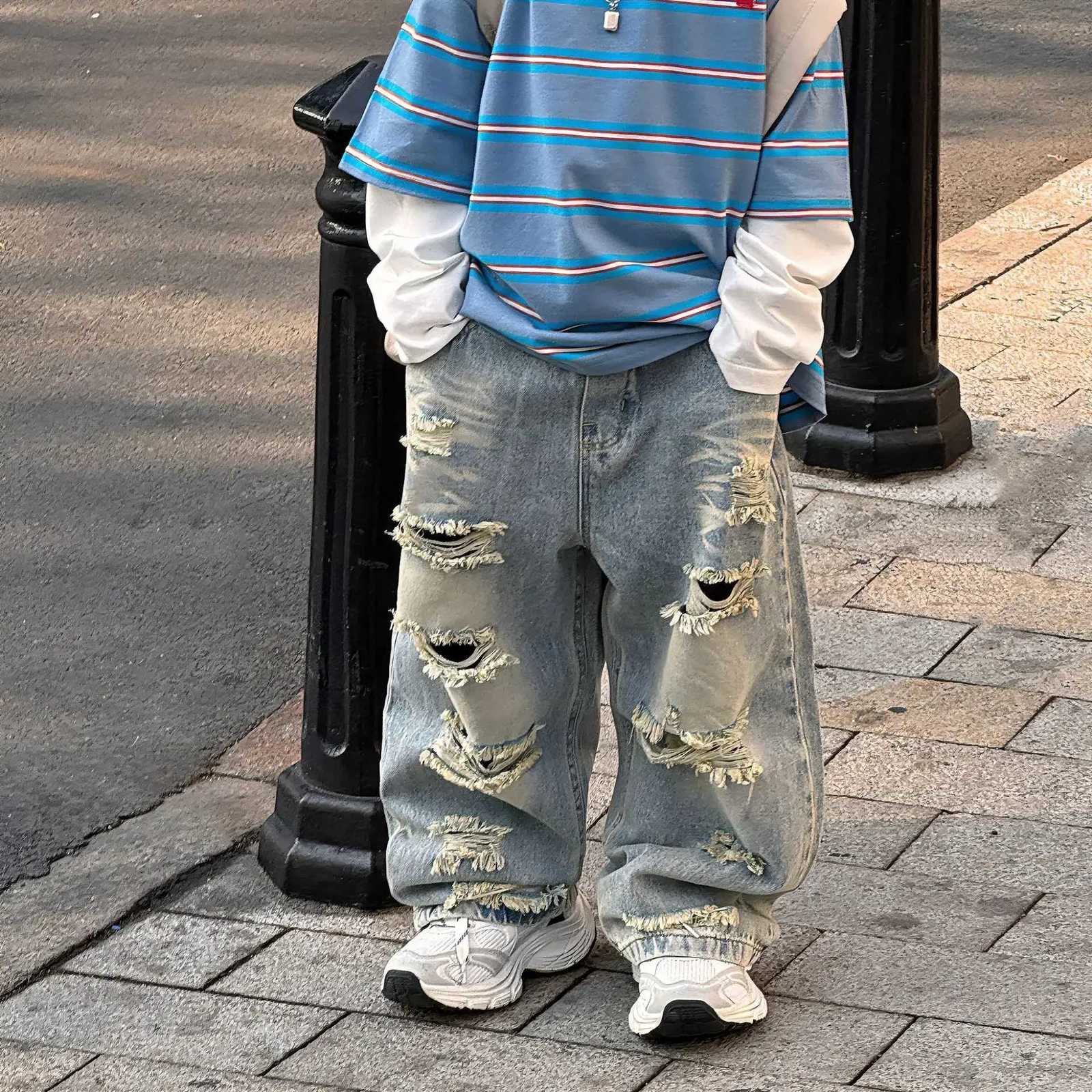 2025 Spring New Korean Style Boys Fashion Retro American High Street Piercing Jeans Childrens Pants TrendT251017