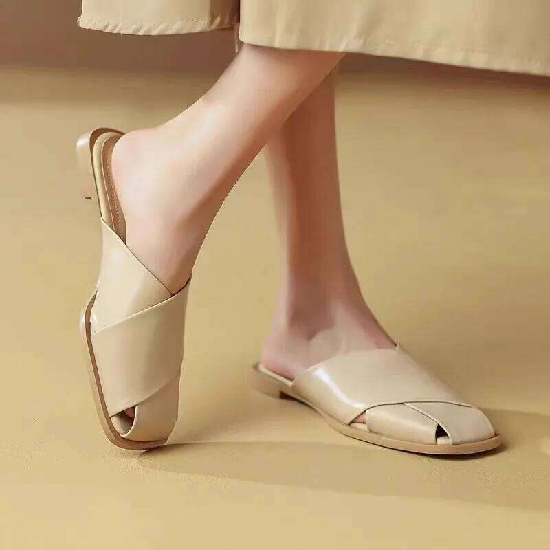 Women Mules 2025 Summer Elegant Square Closed Toe Flat Slippers Female Shoes Casual Leather Black White Slides Plus Size 35-40