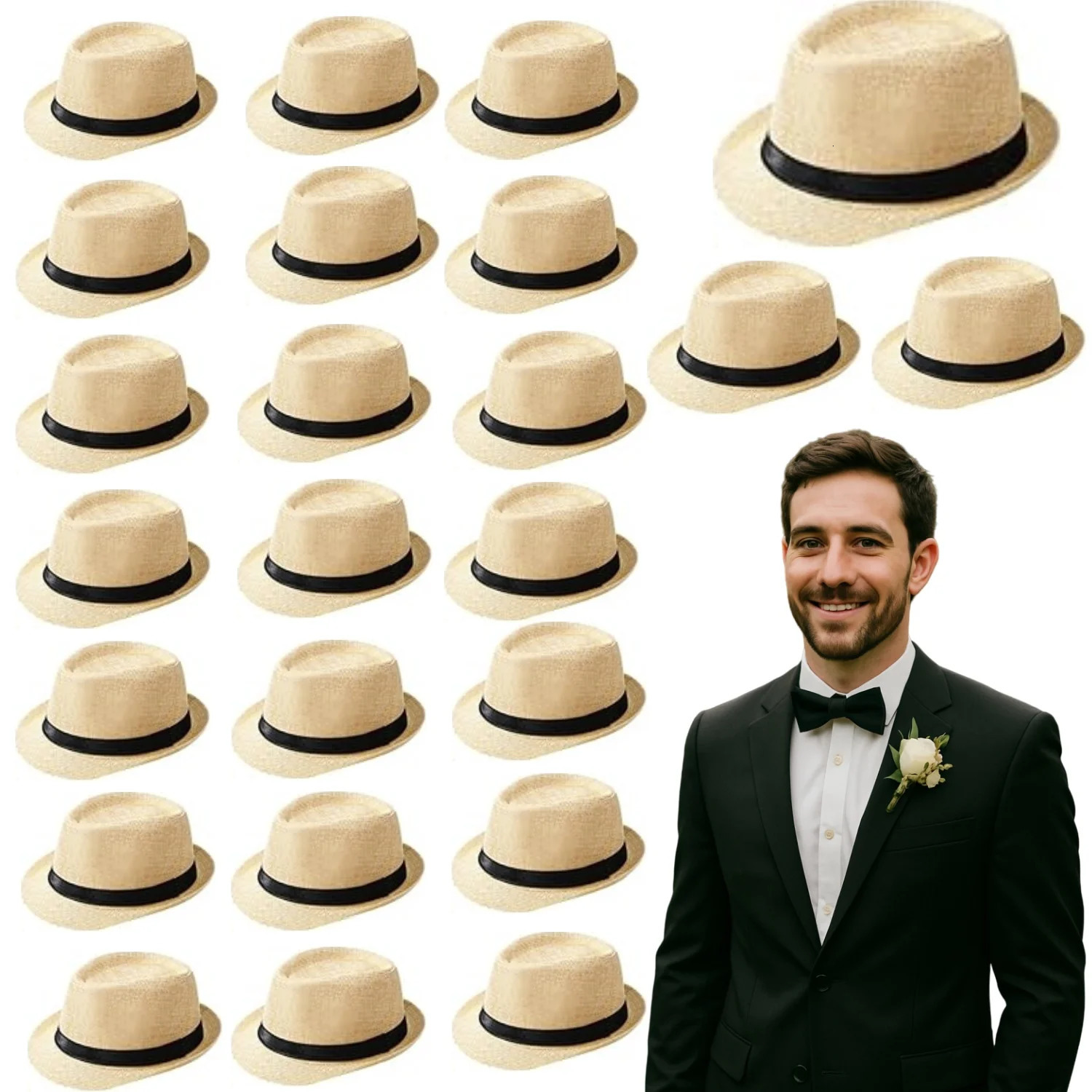 1024 Pack 1920s Straw Hats Bulk for Men Short Brim Sun Panama Hats for Women Party Costume Wedding Favors Circumference 58 cm 251015