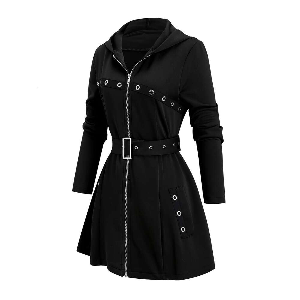 1Pc Y2k Style Women's Hooded Jacket - Solid Color Polyester Knit Fabric With Zipper And Belt Detail, Long Sleeve Punk-Inspired Casual Outerwear F