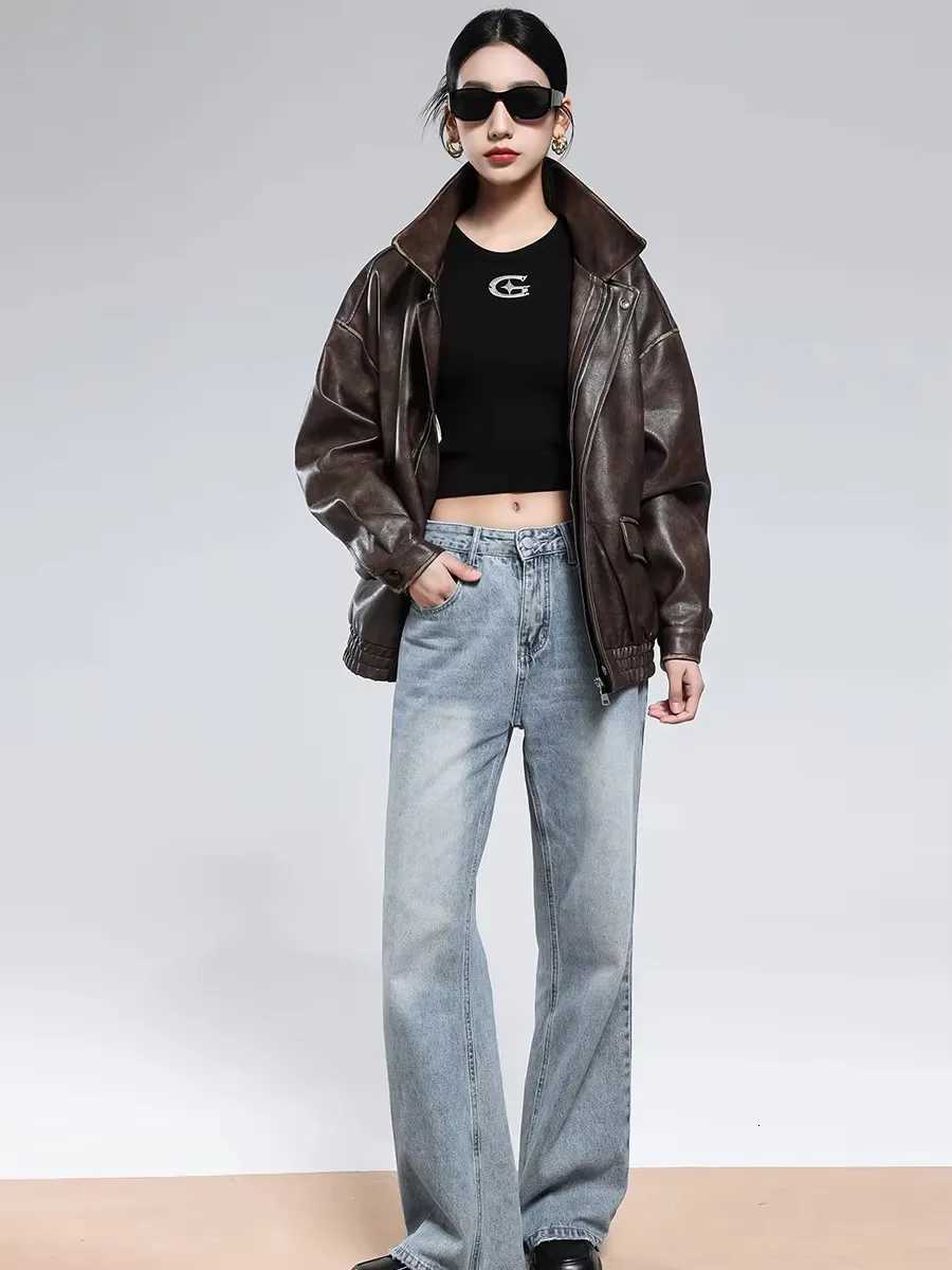 Nerazzurri Autumn Cool Oversized Vintage Distressed Brown Pu Leather Jacket Women Zipper Loose Retro American Retro Clothes 2025T251017