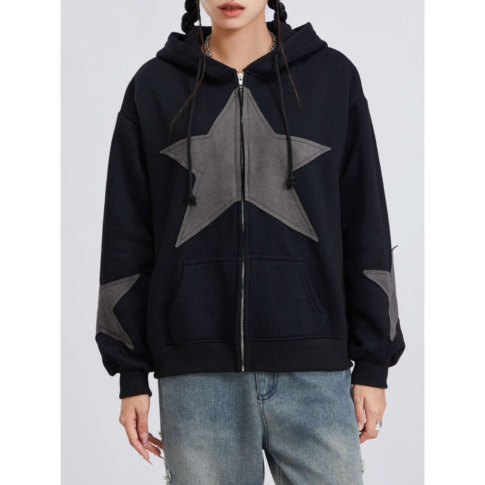 Women's Casual Print Jacket - Long Sleeve Zip-Up Drawstring Hoodie, Olive Green With Beige Star Panels, Polyester Blend, Hine Washable, All-Seaso