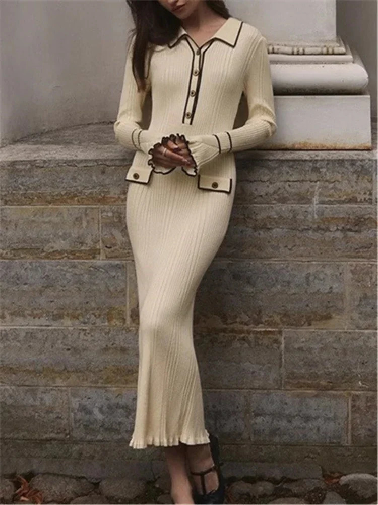 REALEFT Autumn Winter Elegant Knitted Long Ruffles Dressres 2025 High Waist Buttons Turndown Collar Sweater Dresses Female 251017