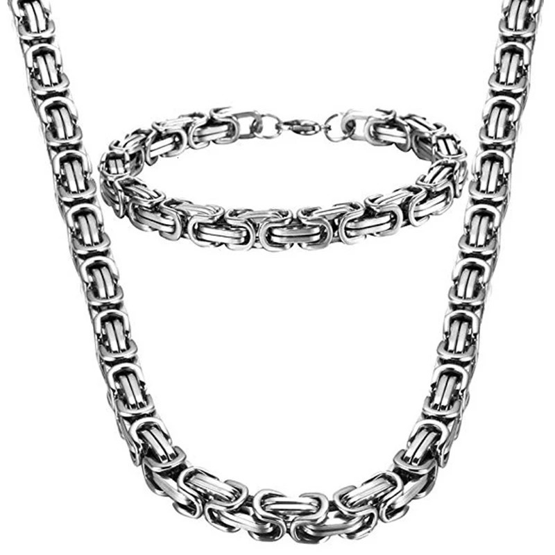 4MM 5MM 6MM 8MM Stainless Steel Byzantine Chains Necklaces Bracelets Set For Men Women Chain Jewelry Gifts Statement USENSET 251017
