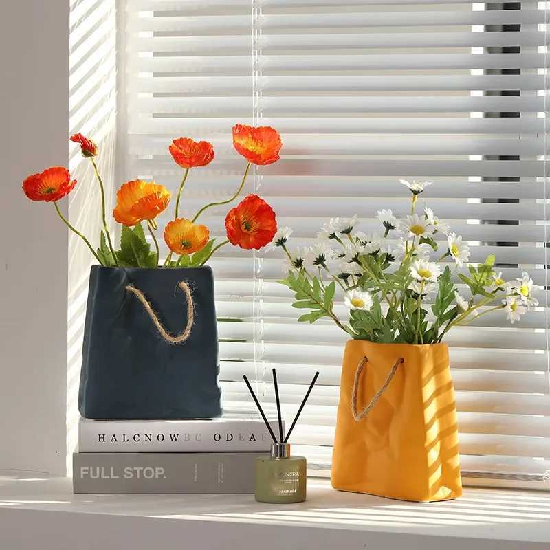 1Pcs Nordic Creative Shopping Basket ceramic Vase Bag Decoration Simple Dried Flower Arrangement Vase Table Decoration C251017