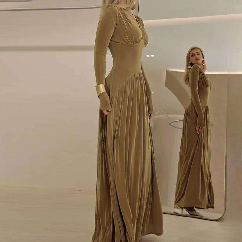 Office Casual High Waist Long Sleeved Dresses Fashion Women's V Neck Solid Color Veet Sexy Slim Fit Pleated Robe Dress