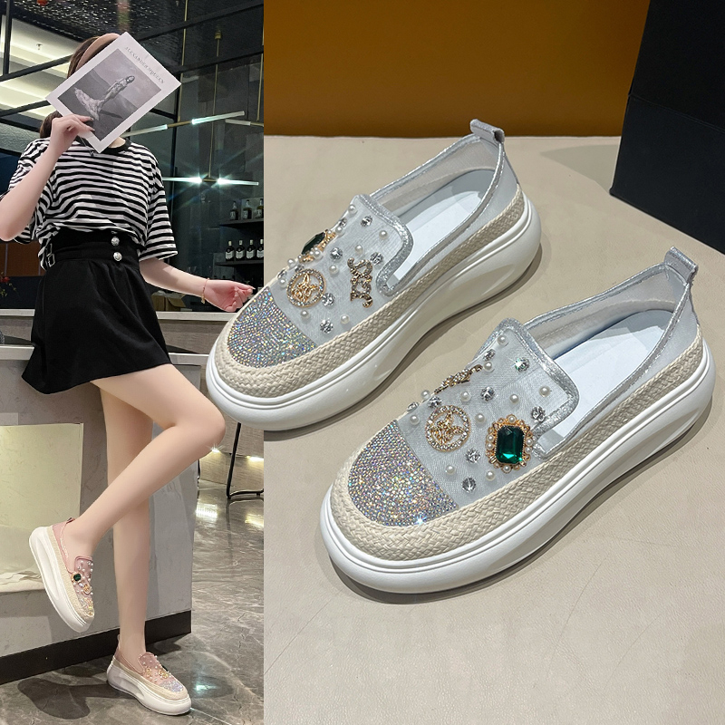 Women's Designer Sports Shoes Shining Water Diamond Decoration Luxury Loafers Platform Casual Shoes Mesh weaving Comfortable Walking Shoes Zapati
