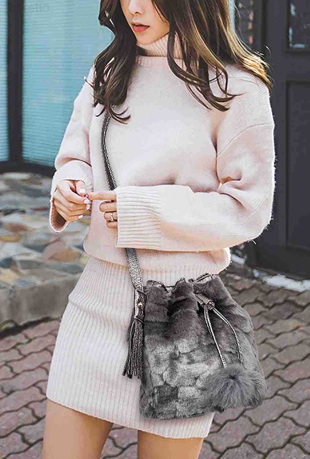 Plush Bucket Handbag Faux Fur Drawstring Fluffy Crossbody Bag Handle Shoulder Tote Bag Z251017