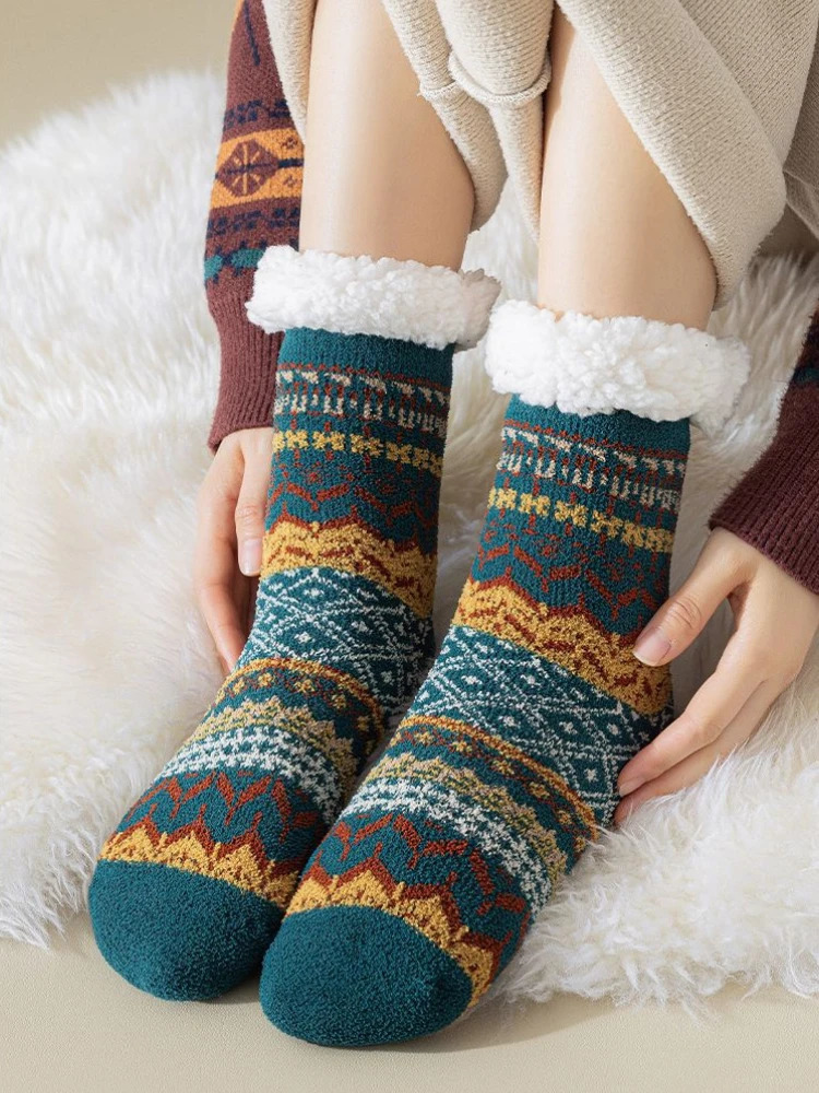 Lamb Wool Floor Socks Autumn and Winter Fleece Thickened Warm Nonslip Silicone Home Socks Ethnic Style Tube Socks 251017