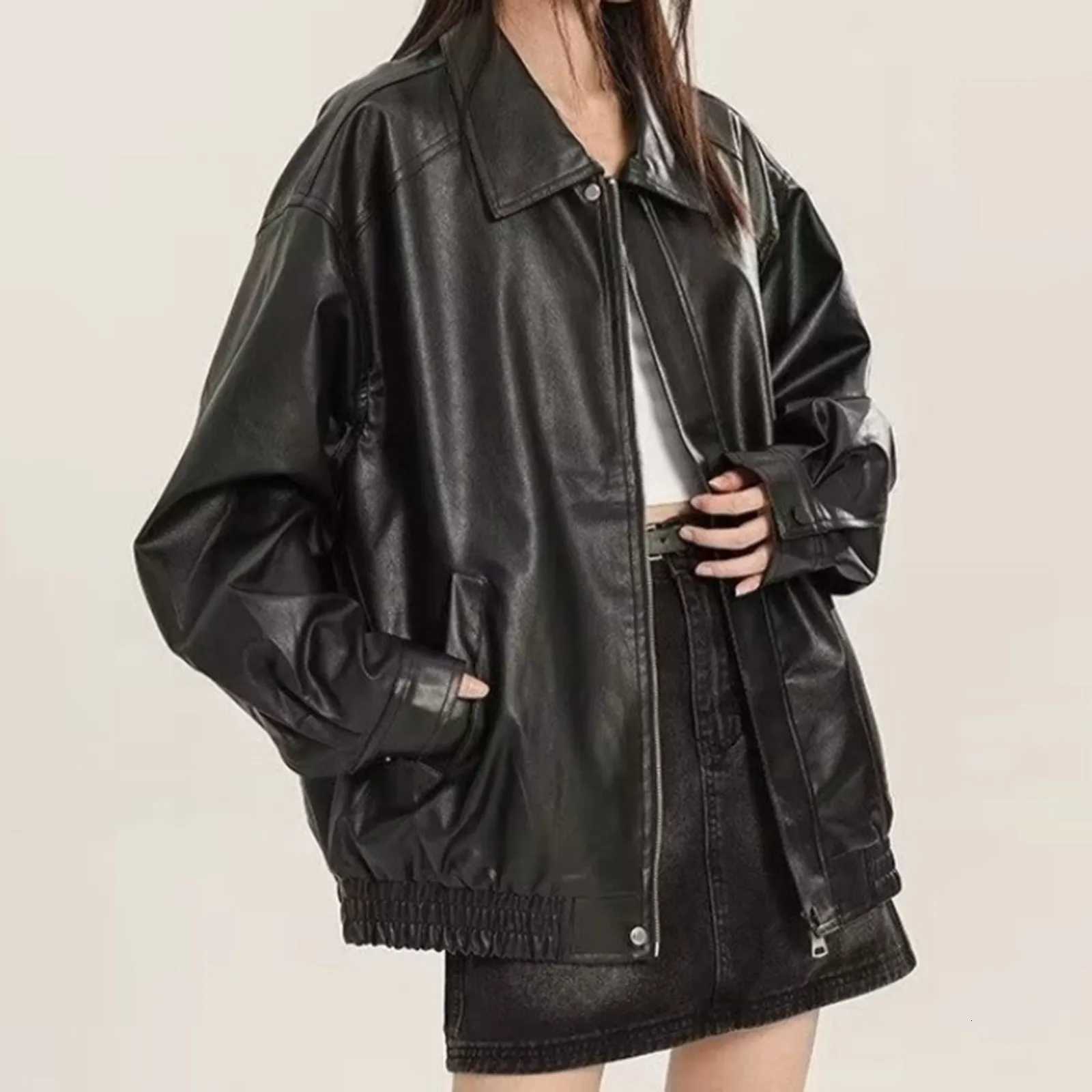 Oversize Black PU Leather Jackets Womens Dropped Shoulder Zip Up Button Down Motorcycle Coats Outwear Streetwear Bomber JacketsT251017