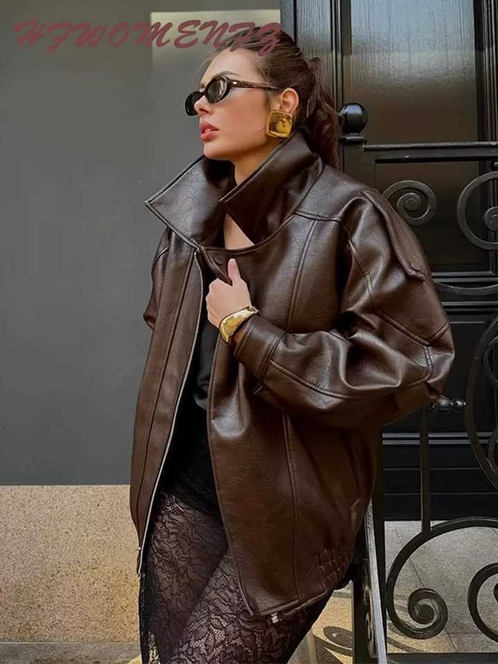 Pu Leather Solid Women Coat Full Sleeve Lapel Lady Jacket 2025 Autumn Winter Fashion Zippers Pocket Loose Chic Female OutwearT251017