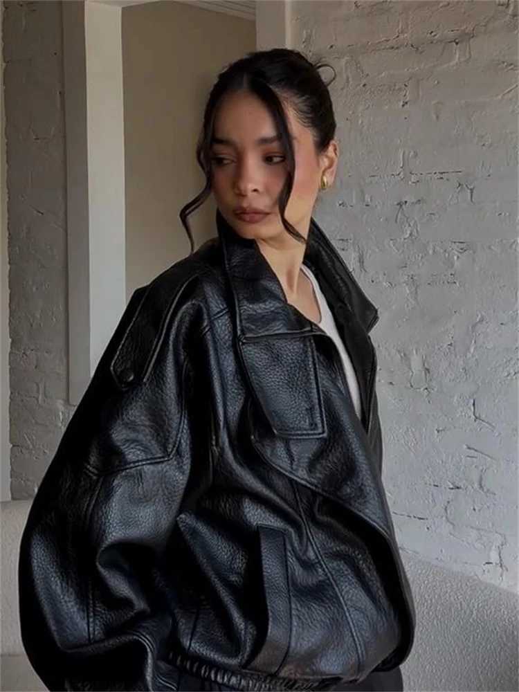 Chic Stand Collar Cropped Leather Jacket Coat Oversized Zipup Short Outerwear Autumn High Street Stylish Womens Fashion OutfitT251017