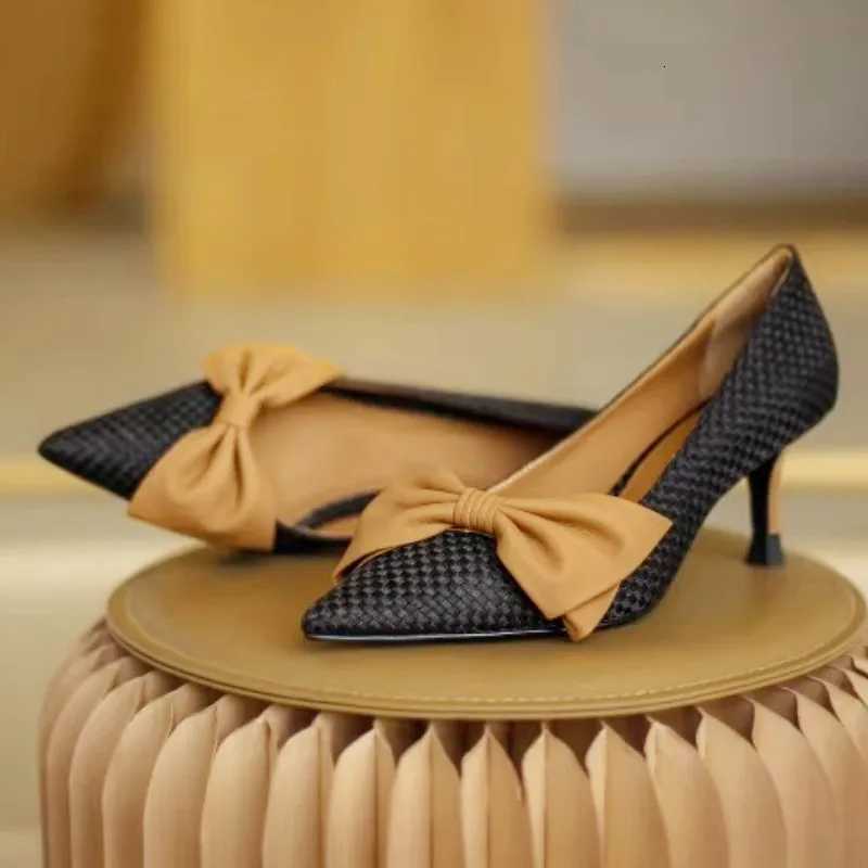 Woven Bow Designer Brand High Heels Women Fashion Shallow Patchwork Slide Sandal Elegant Simple Pointed Toe Thin Heel Dress Shoe Z251015
