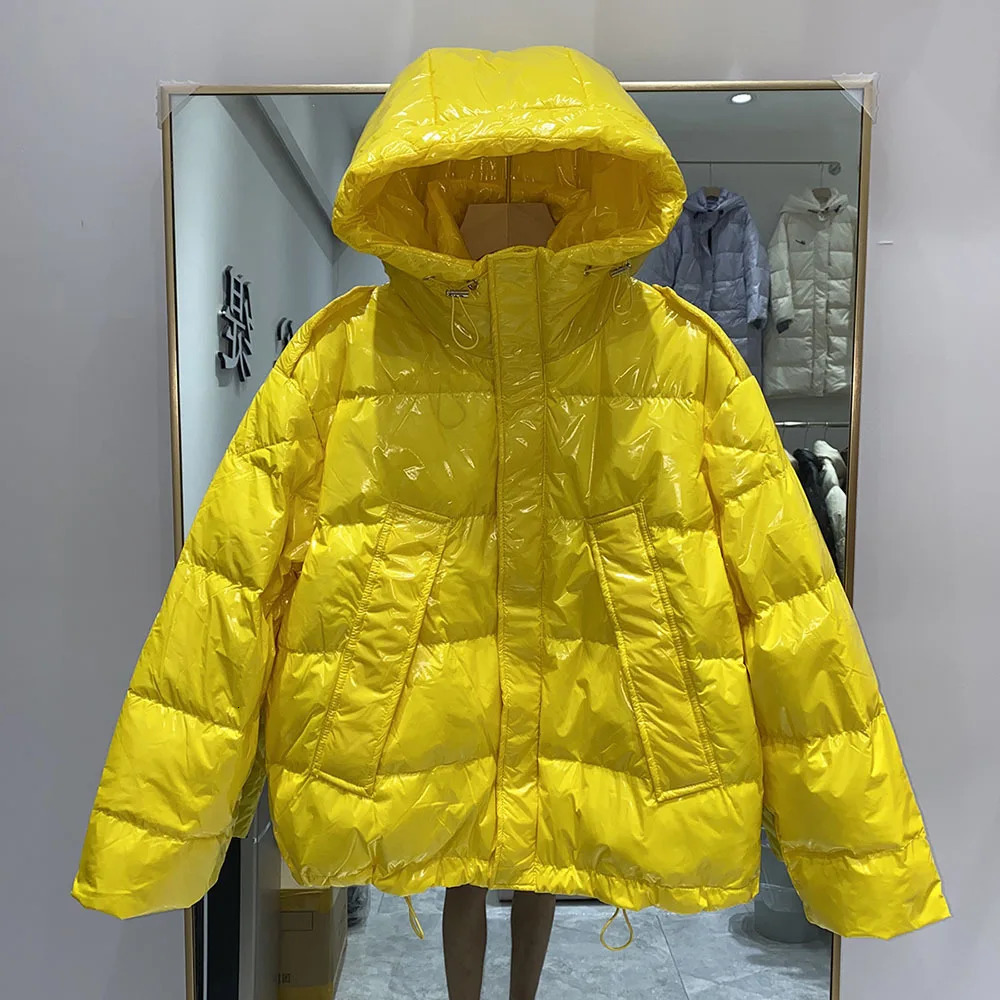 Glossy Short Puffer Jacket Korean Hooded Shiny Down Jackets Solid Colors Drawstring Long Sleeve Winter Parkas Female Coat 251014