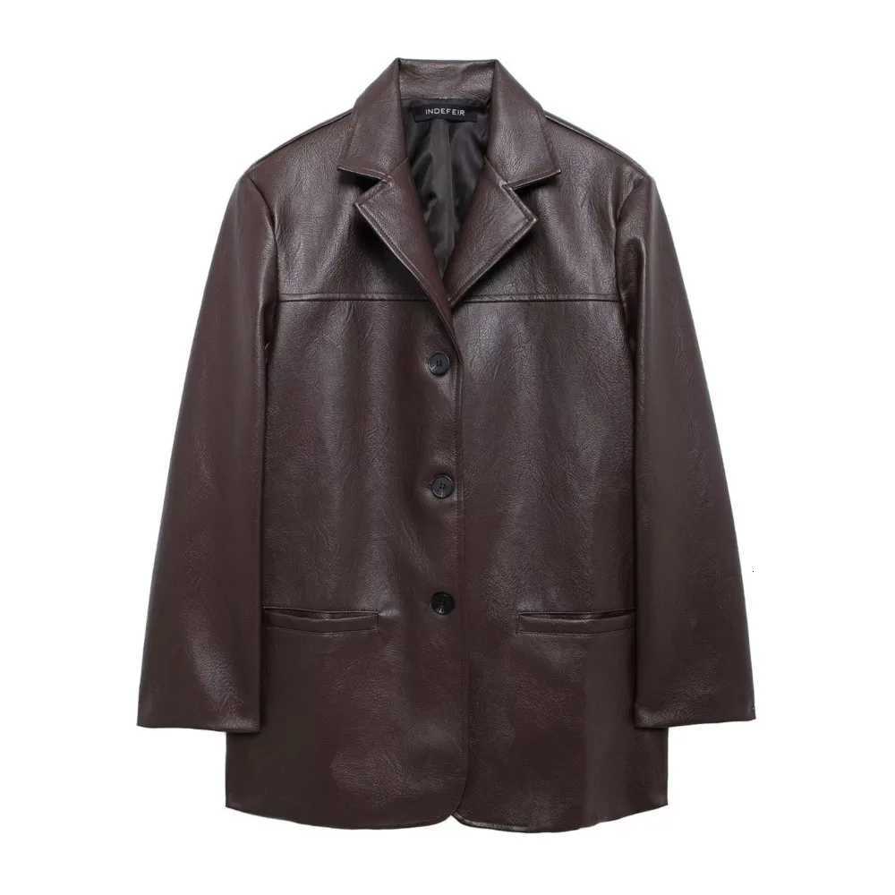 2024 American Retro Women Brown Red PU Leather Blazer Notched Collar Full Sleeve Midi Long Oversized Suits Loose OuterwearT251017