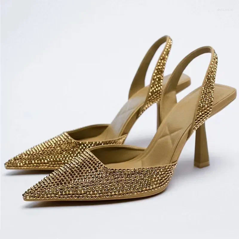 Dress ShoesSummer Brand Women Sandals Fashion Crystal Buckle High Heels Party Elegant Gold Woman Sexy Pumps designer