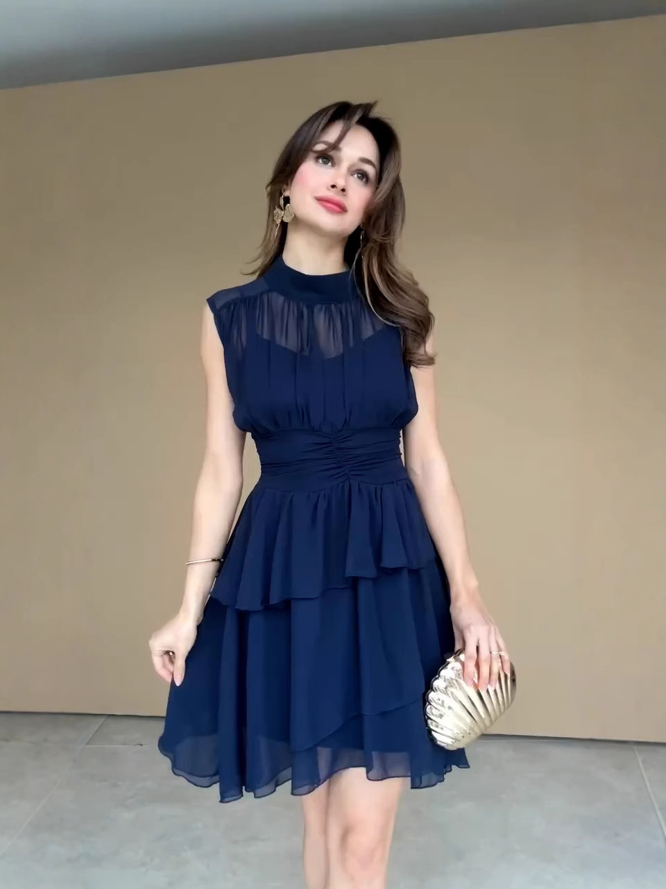 LW2600 New Sexy Knit Pure Desire Tea Break French Round Neck Waist Elegant Dress