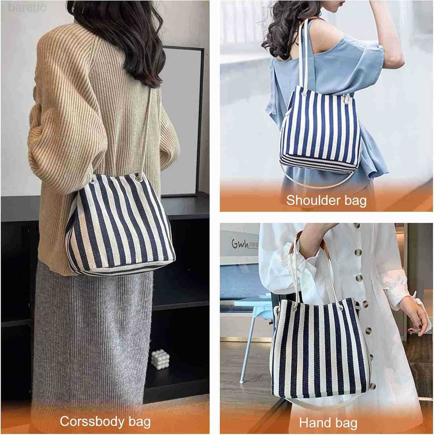 Womens Canvas Tote Small Bucket Shoulder Crossbody Bag Striped Beach Tote Z251017