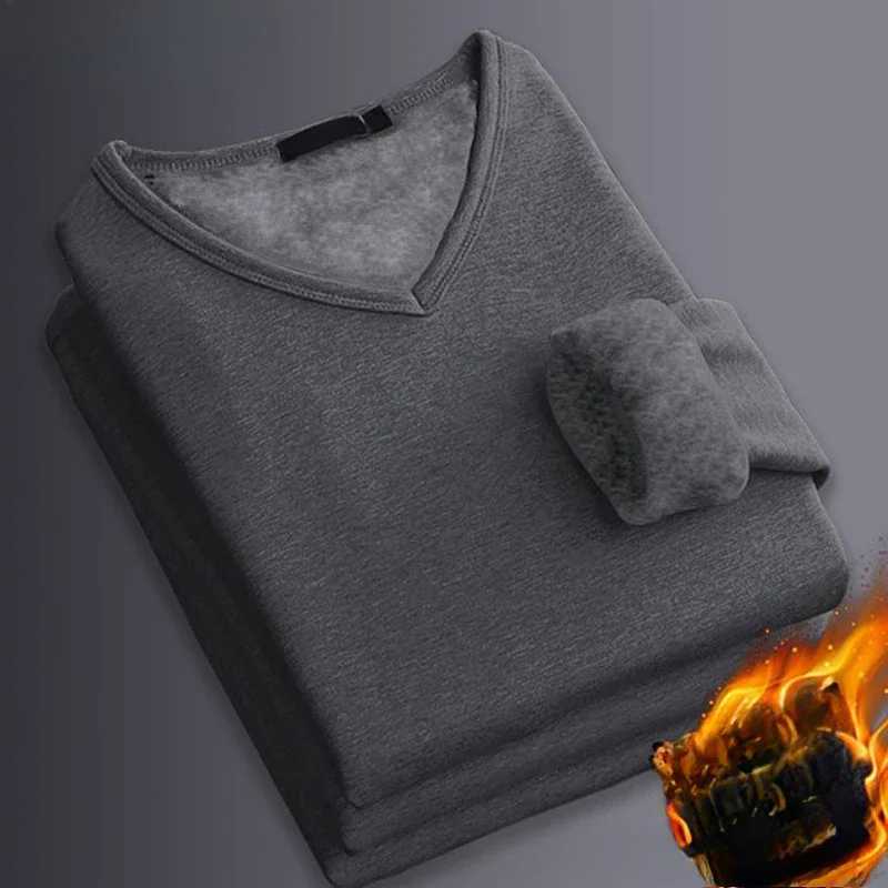 Winter Mens Longsleeved Thermal Underwear Plus Velvet Padded Tshirt Vneck Slim Plush Top Mens Underwear Inner Wear For Men H251017