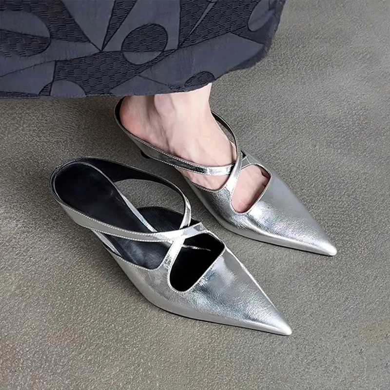 Elegant Leather Muels Sandals Women Sexy Pointy Toe Cross Strap Design Slide Sandals Luxury Party Dress Heels Sandalias De Mujer Z251015