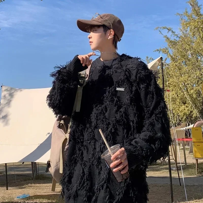 Winter Mens Ripped Fringe Raw Edge Sweater Hip Hop Fashion Knitwear Pullovers Y2K Vintage Streetwear Knitted Clothes 251017