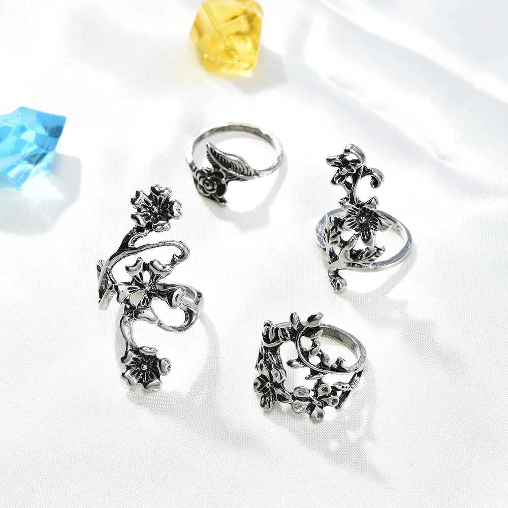 4PCSSet Forest Vine Leaf Flower Ring Vintage Punk Antique Carved Midi Finger Ring Women Bohemian Rings For Men Jewelry Gifts Z251017