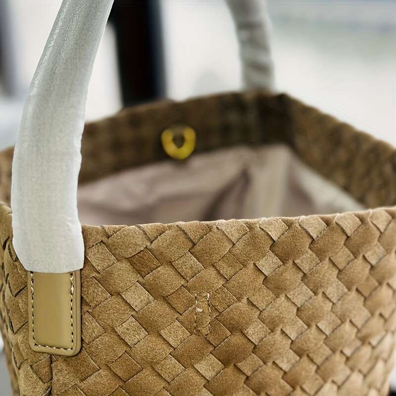 Women's Premium Synthetic Leather Woven Crossbody Bag Sand Texture Large Capacity Handbag With Adjustable Shoulder Strap, Snap Closure, Polyester