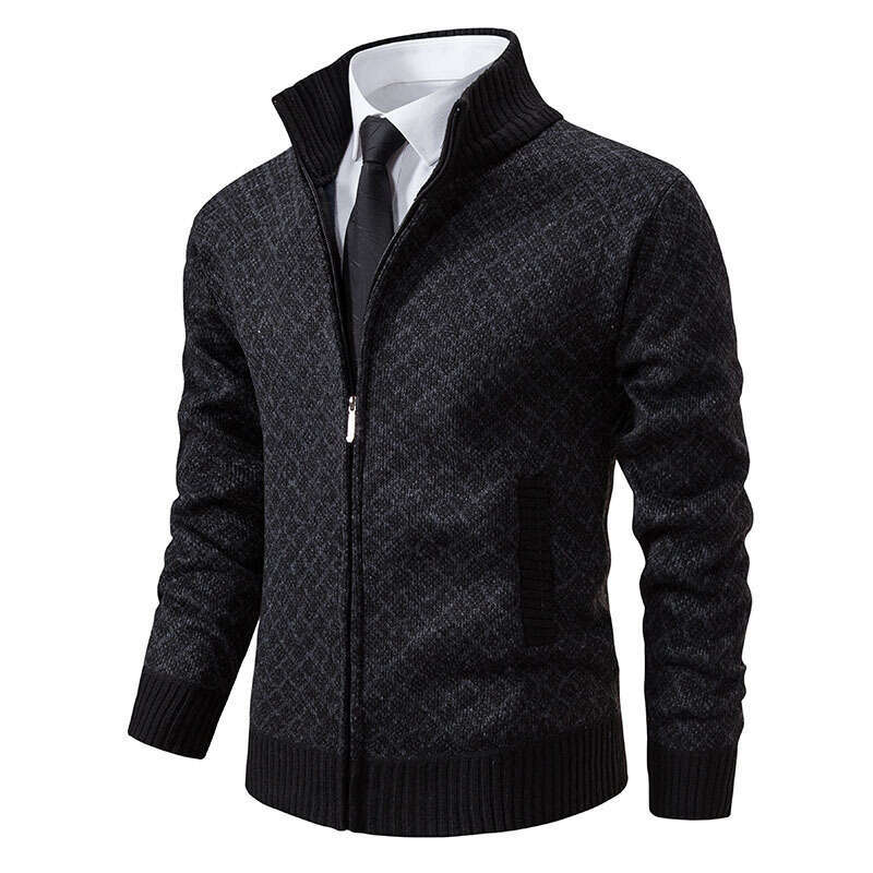 Autumn Winter Fashion Plaid Jacket Coat Men's Trendy Stand Collar Slim Fit Long Sleeve Casual Knitwear B5