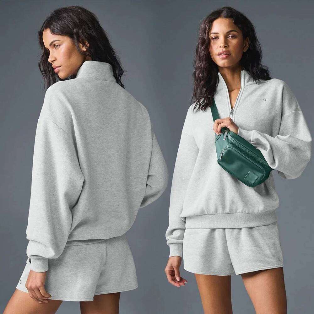 Women Sweatshirt Hoodie Outifits Yoga Running 1/4 Zip Up Gray Pullovers Female Fashion Loose Cotton Turtleneck Top Sportswear