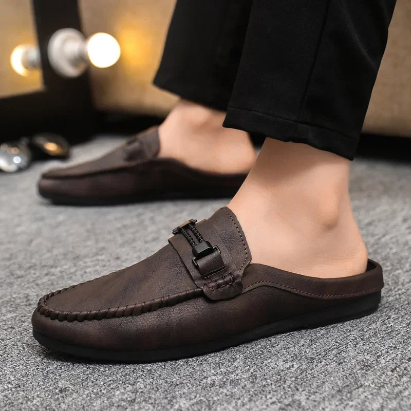 Leather Men Half Slippers Summer Breathable Mens Casual Shoes Slipon Lazy Driving Shoes Comfortable Walking Loafers Moccasins 251013