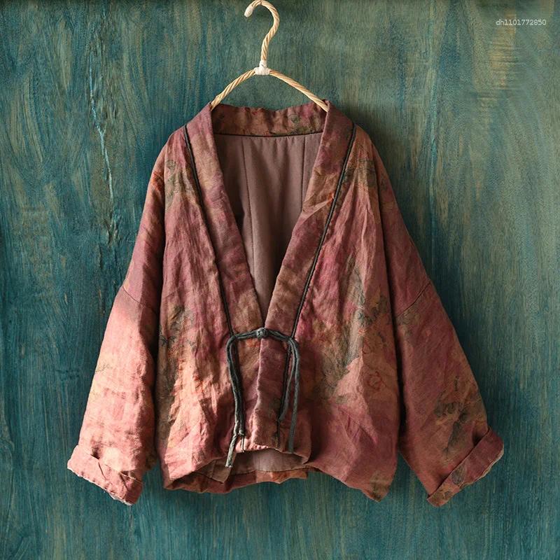 Women's Jackets Women Casual Padded Arrival 2025 Winter Vintage Style Floral Print Loose Female Thick Cotton Linen Coats M187