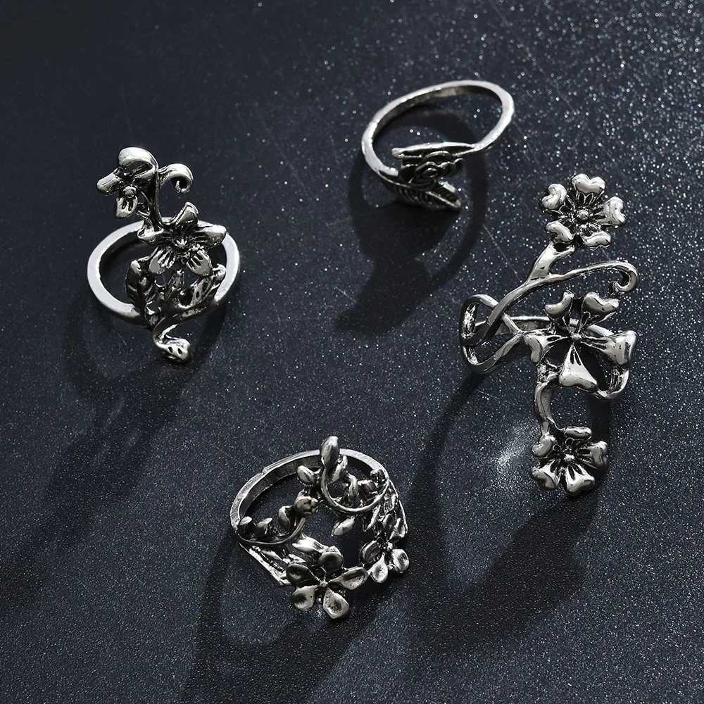 4PCSSet Forest Vine Leaf Flower Ring Vintage Punk Antique Carved Midi Finger Ring Women Bohemian Rings For Men Jewelry Gifts Z251017