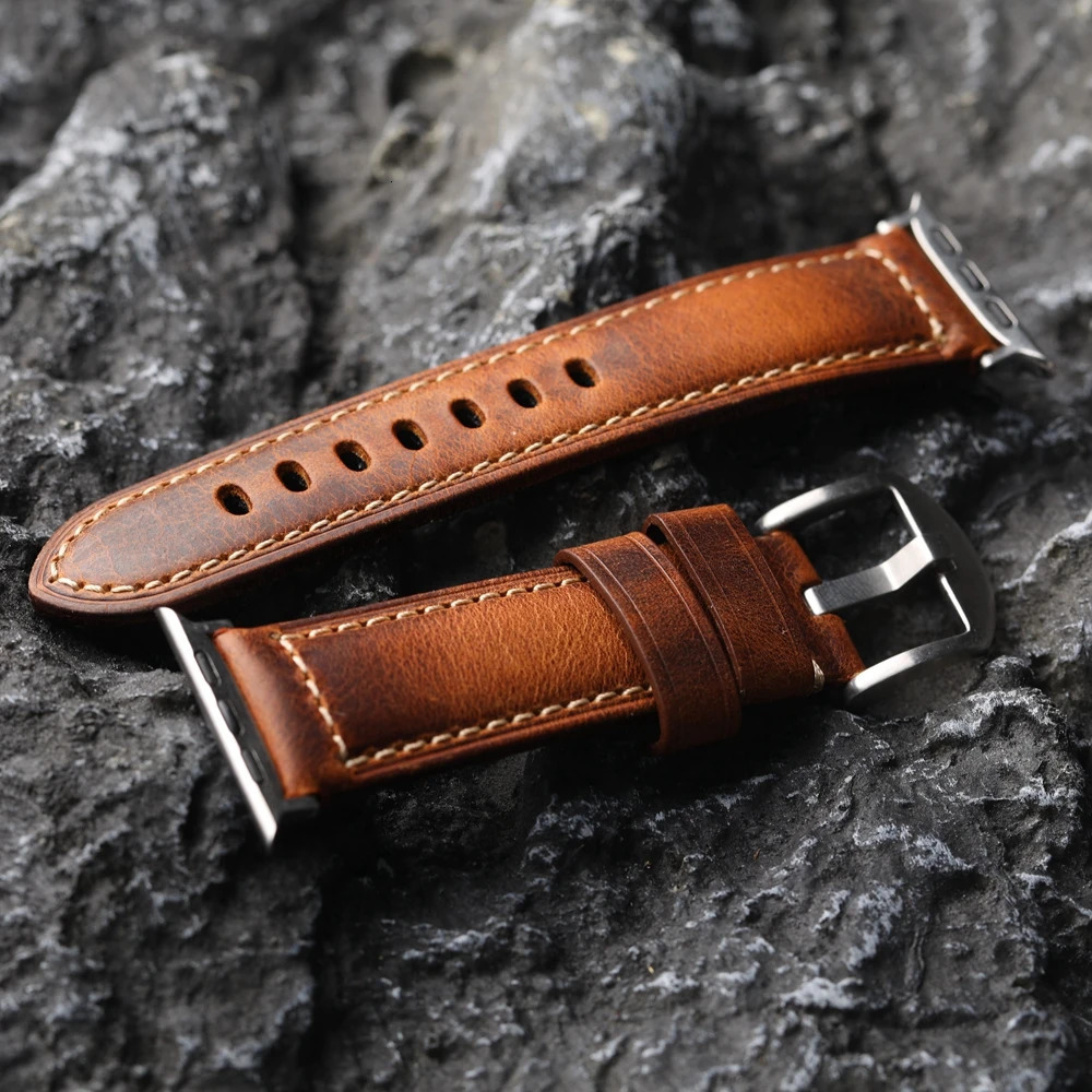 Handmade Holvin Cowhide Leather Strap for iWatch Genuine Leather Ultra2 49MM 44MM 42MM Brown Vintage Aged Watch Strap for 251016