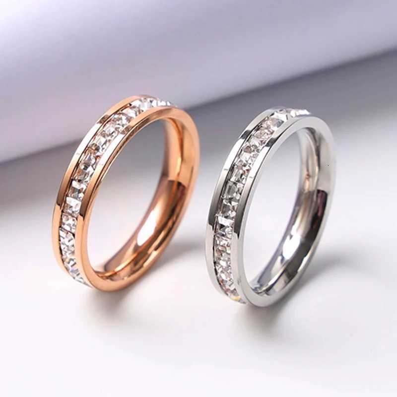 Luxury Rose Gold Color Single Double Row Square Zircon Stainless Steel Ring For Women Romantic Engageme Wedding Party JewelryW251017